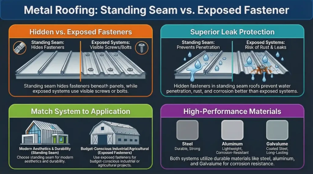 Standing Seam vs Exposed Fastener Roofing