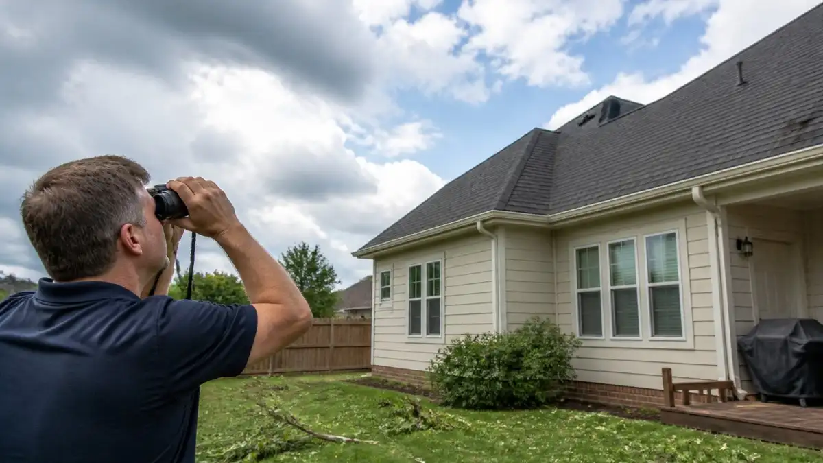 A homeowner standing safely on the ground in a residential backyard, looking up toward the roofline with binoculars, storm clouds clearing in the background and scattered branches on the lawn