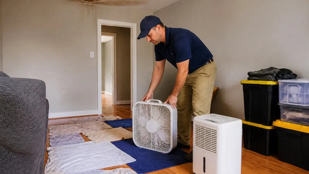 Homeowner using a fan and dehumidifier to dry a room after a roof leak damaged the ceiling and belongings.