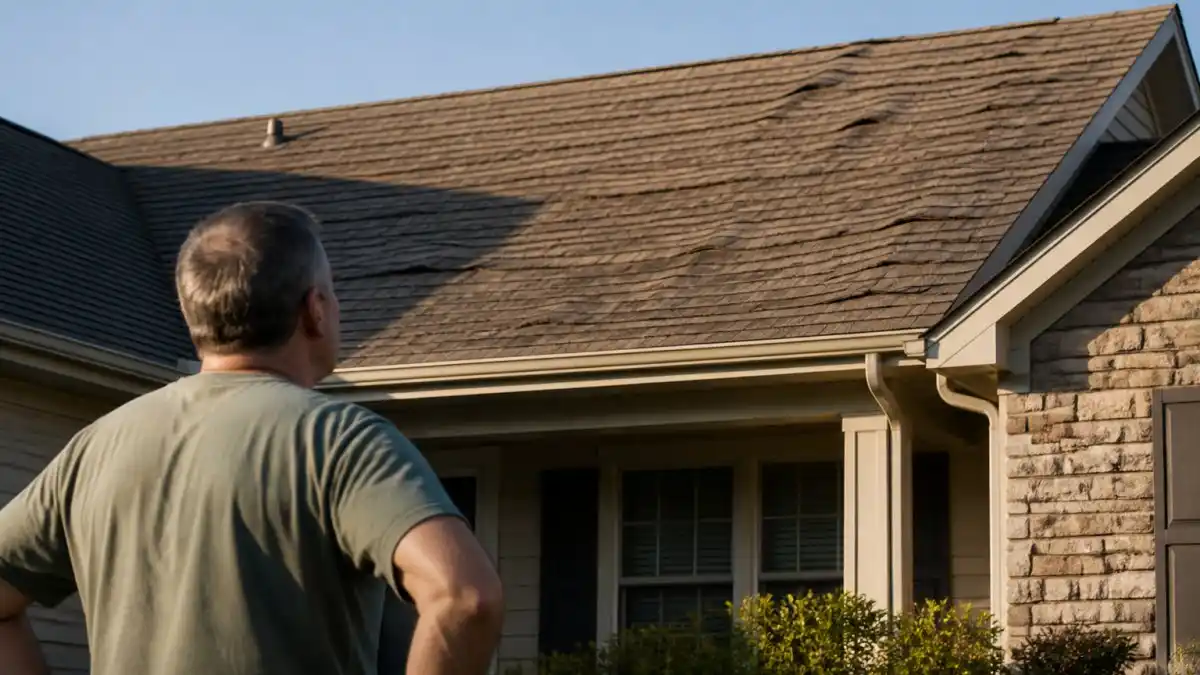 A homeowner standing on a front lawn looking up at a residential roof with visibly wavy, misaligned shingles and uneven rows near the ridge, late afternoon sunlight casting shadows across the surface