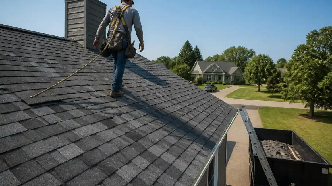 Roofing contractor walking a steep shingled roof while calculating measurements for roof replacement quotes